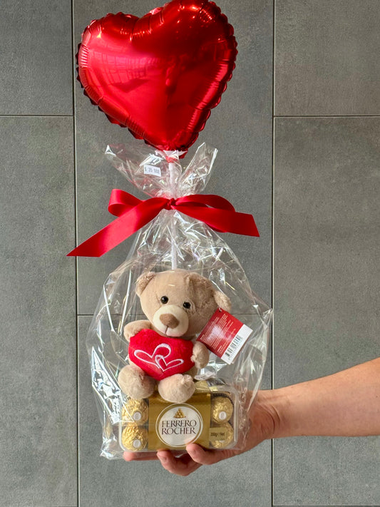 Teddy Bear & Ferrero Rocher Chocolates & Heart Balloon