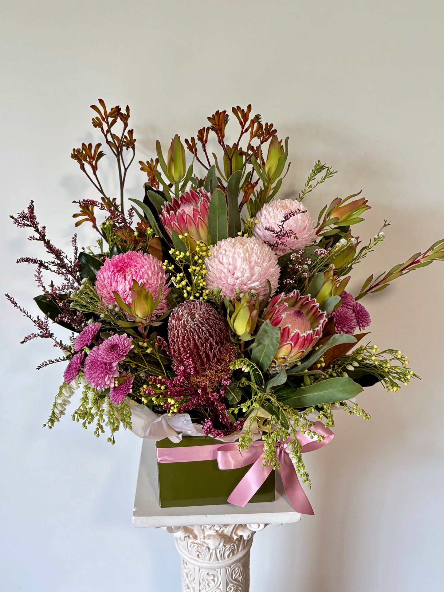 Long lasting native and chrysanthemum big box arrangement