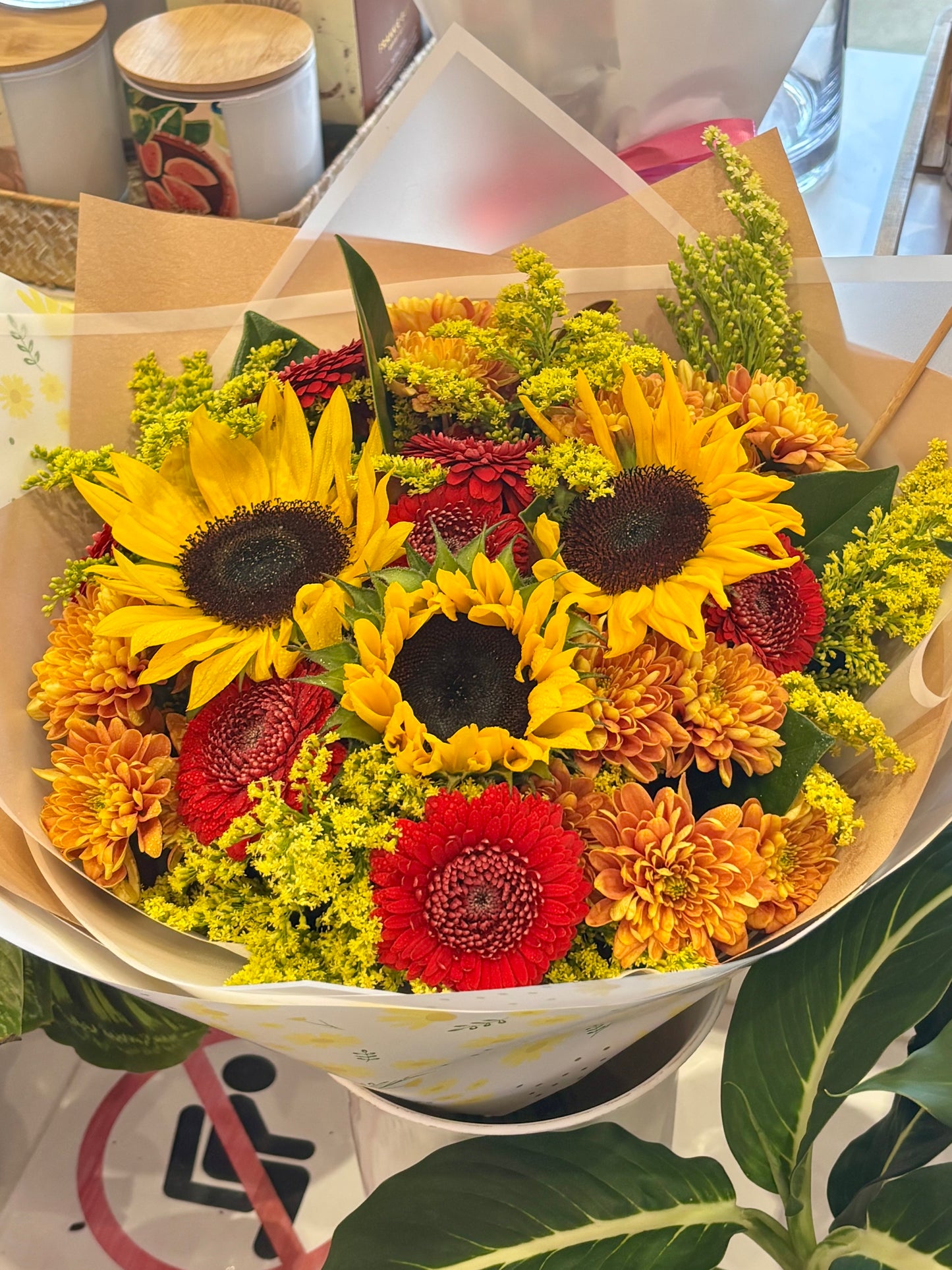 Bouquet of sunflowers, chrysanthemum and gerberas