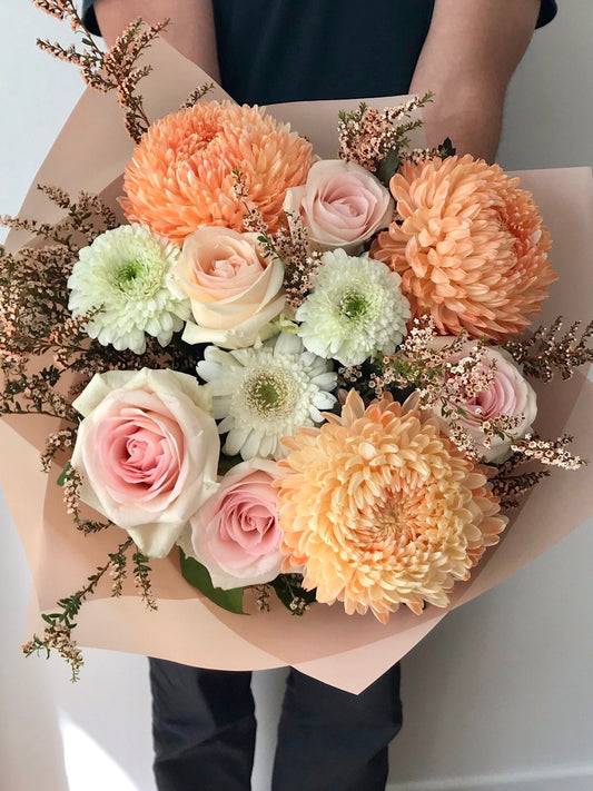 Pink roses, disdud chrysanthemums, gerberas